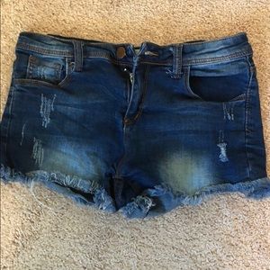 Distressed jean shorts.